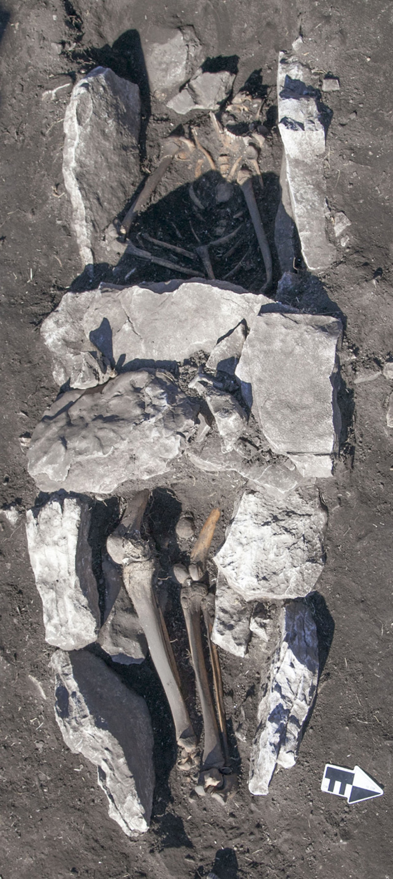 Ανθρώπινη ταφή στο μέσο του βωμού τέφρας με τις καλυπτήριες πλάκες στην περιοχή της λεκάνης