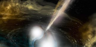 Καλλιτεχνική απεικόνιση της συγχώνευσης ενός ζεύγους αστέρων νετρονίων διαφορετικών μαζών. (NSF/LIGO). Πηγή: http://www.ligo.org/science/Publication-GW170817MMA/flyer.pdf